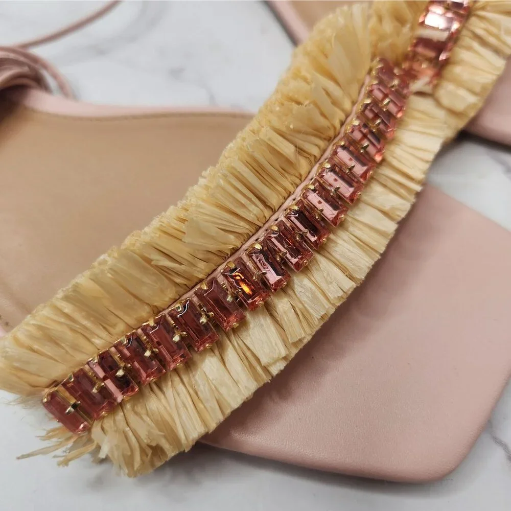 Anthropologie Jewel Embellished Raffia Tie-Up Sandals Flats Pink Women's 9.5 (40